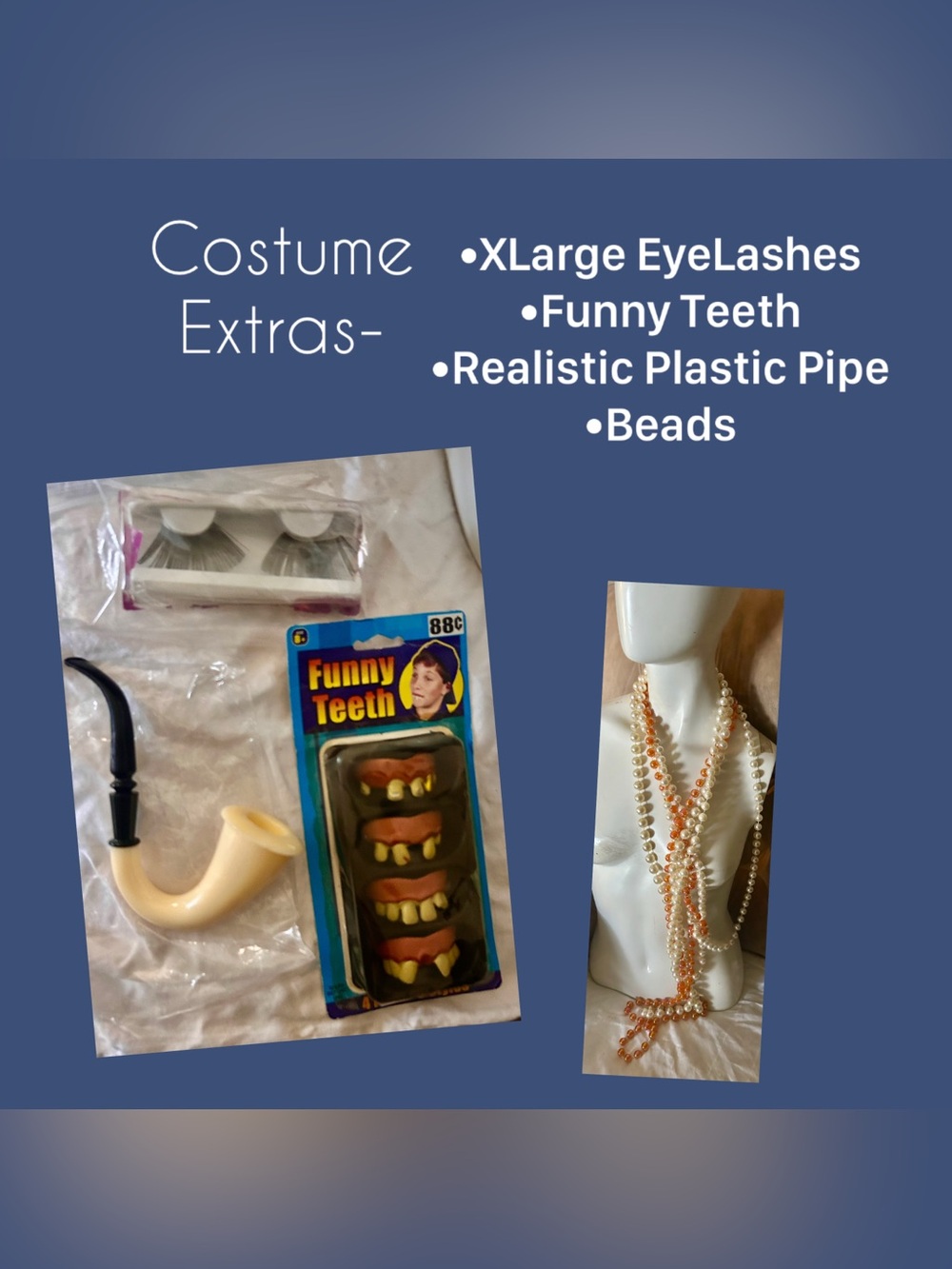 Costume Extras Set with Faux Pipe, Funny Teeth, XL Eyelashes & Peach Beads